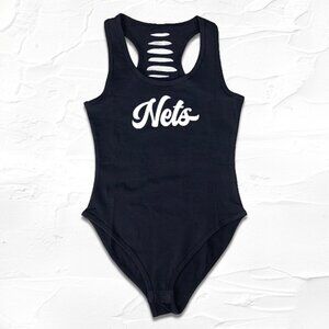 Black/White Handmade Brooklyn Basketball Womens Bodysuit, Net Fan, GO New York